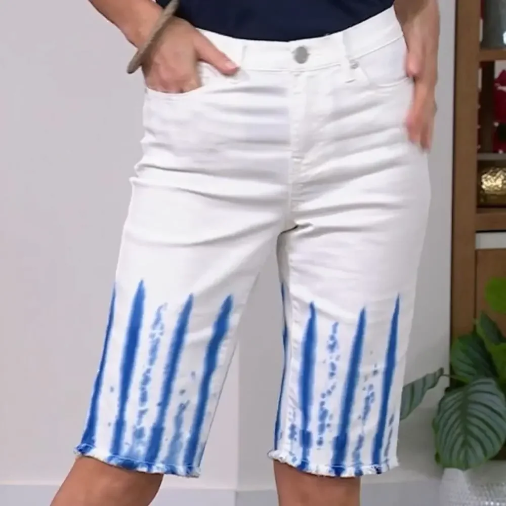 DG2 Diane Gilman Classic‎ Stretch Dip Dye Bermuda Shorts White Blue 24PW NWT